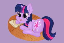 Size: 1088x734 | Tagged: safe, artist:yelowcrom, twilight sparkle, pony, unicorn, g4, book, butt, cheek fluff, female, looking at you, mare, plot, solo