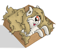 Size: 934x787 | Tagged: safe, artist:poniesmine, oc, oc only, earth pony, pony, :p, box, box pone, box pony, brown mane, chest fluff, cute, ear fluff, fluffy, hooves up, hunched, looking at you, one eye closed, pone, pony in a box, shading, shadow, solo, tongue out, white fur