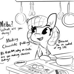 Size: 1080x1080 | Tagged: safe, artist:tjpones, oc, oc only, oc:melba toast, earth pony, pony, bipedal, cooking, dialogue, female, good end, hair net, mare, meme, monochrome, offscreen character, open mouth, rugrats, simple background, subverted meme, white background, wholesome