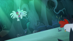 Size: 1920x1080 | Tagged: safe, screencap, princess celestia, alicorn, bird, chicken, pony, between dark and dawn, g4, alektorophobia, bare hooves, clothes, ethereal mane, female, flying, forest, hawaiian shirt, mare, ponytail, scared, scaredlestia, shirt, shrunken pupils, spread wings, that princess sure is afraid of chickens, tree