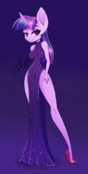 Size: 600x1181 | Tagged: safe, artist:twistedcarrot, twilight sparkle, unicorn, anthro, plantigrade anthro, g4, big ears, blue background, clothes, disproportional anatomy, dress, female, gradient background, high heels, long legs, looking at you, mare, shoes, short arms, side slit, simple background, total sideslit, unicorn twilight, vacuum sealed clothing, wasp waist