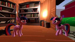 Size: 1280x720 | Tagged: safe, artist:mrm, twilight sparkle, alicorn, pony, g4, 3d, animated, book, bookshelf, boop, cute, doppelganger, duality, female, golden oaks library, mare, no sound, open mouth, revamped ponies, self ponidox, source filmmaker, twiabetes, twilight sparkle (alicorn), updated design, webm, wings