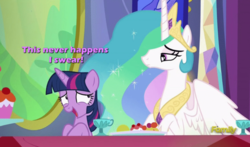 Size: 973x571 | Tagged: safe, edit, edited screencap, screencap, princess celestia, twilight sparkle, alicorn, pony, g4, no second prances, nervous, text, twilight sparkle (alicorn)