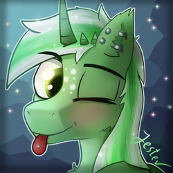 Size: 1000x1000 | Tagged: safe, artist:jesterpi, oc, oc:jester pi, pegasus, pony, bars, cute, freckles, glowing, horn, outline, piercing, profile picture, simple, smiling, smirk, sparkles, tongue out, winter