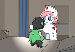 Size: 2100x1482 | Tagged: safe, artist:anon3mous1, nurse redheart, oc, earth pony, pony, unicorn, fanfic:trust once lost, g4, bed, blank flank, broken leg, cast, comforting, cute, depth of field, duo, facing away, fanfic art, female, filly, hat, hospital, hospital bed, hurt/comfort, injured, mare, nurse, nurse hat, panic, panic attack, panicking, pillow, scared, self insert, shaking