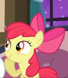 Size: 751x856 | Tagged: safe, screencap, apple bloom, earth pony, pony, apple family reunion, g4, :t, bow, cropped, female, filly, hair bow, offscreen character, raised hoof, scrunchy face, smiling, solo focus