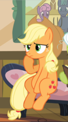 Size: 527x941 | Tagged: safe, screencap, applejack, granny smith, earth pony, pony, apple family reunion, g4, belly, cropped, female, mare, offscreen character, sitting, solo, thinking