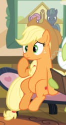 Size: 427x804 | Tagged: safe, screencap, applejack, granny smith, earth pony, pony, apple family reunion, g4, belly, cropped, female, freckles, mare, offscreen character, sitting, solo, thinking