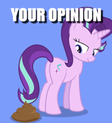 Size: 1436x1581 | Tagged: safe, starlight glimmer, pony, unicorn, g4, butt, caption, female, image macro, looking back, mare, plot, poop, solo, text, your opinion