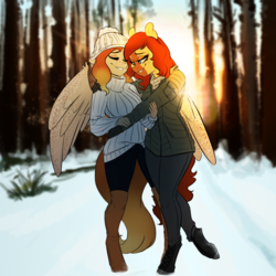 Size: 1000x1000 | Tagged: safe, artist:xxmarkingxx, oc, oc only, oc:firelight, oc:honeypot meadow, earth pony, pegasus, anthro, unguligrade anthro, anthro oc, beauty mark, body freckles, clothes, coat, couple, digital art, duo, duo female, female, forest, freckles, hug, lesbian, oc x oc, pants, shipping, smiling, snow, tree, winter, winter outfit