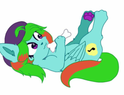 Size: 1036x792 | Tagged: safe, artist:skater streak, oc, oc only, oc:precised note, dog, :3, bone, cap, cutie mark, hat, legs raised, lying down, paw pads, paws, underpaw, wings