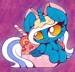 Size: 913x875 | Tagged: safe, artist:jessie park, oc, oc only, oc:fleurbelle, alicorn, pony, adorabelle, adorable face, alicorn oc, bow, bowl, candy, candy cane, chibi, cute, female, food, hair bow, horn, ice cream, mare, no pupils, solo, sprinkles, sweet, sweets, yellow eyes