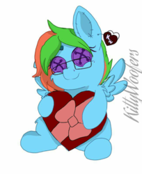 Size: 800x979 | Tagged: safe, artist:kittywoofers, oc, oc only, oc:precised note, pegasus, pony, derpibooru, button, button eyes, glasses, heart, holding, meta, plushie, price tag, ribbon, sitting, smiling, spread wings, stitches, tags, watermark, wings