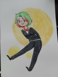 Size: 800x1058 | Tagged: safe, artist:miraski, oc, oc:precised note, human, bowtie, clothes, eyebrows, humanized, humanized oc, looking back, mistakes were made, open mouth, pants, piano dress, shoes, simple background, smiling, traditional art, tuxedo, wrong ear