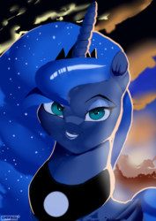 Size: 3508x4961 | Tagged: safe, artist:skyart301, princess luna, alicorn, pony, g4, bust, cloud, female, looking at you, mare, portrait, sky, solo