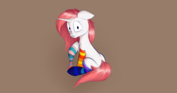 Size: 1584x838 | Tagged: safe, artist:wellory, oc, oc only, oc:redly, pony, unicorn, blushing, clothes, cute, socks, solo, striped socks