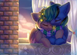 Size: 4732x3406 | Tagged: safe, artist:alphadesu, oc, oc only, oc:ender, oc:star universe, pegasus, pony, clothes, cuddling, curtains, ethereal mane, eyes closed, female, ledge, male, mare, romantic, scarf, sharing, stallion, starry mane, stender, sunset