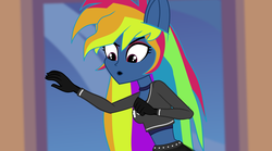 Size: 4321x2409 | Tagged: safe, artist:galacticflashd, derpibooru exclusive, screencap, rainbow dash, equestria girls, g4, secrets and pies, adorapiehater, breasts, busty rainbow dash, clothes, evil pie hater dash, female, gloves, long gloves, short shirt, show accurate, skirt, solo