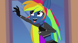Size: 4321x2409 | Tagged: safe, artist:galacticflashd, derpibooru exclusive, screencap, rainbow dash, equestria girls, g4, secrets and pies, adorapiehater, breasts, busty rainbow dash, clothes, evil pie hater dash, female, gloves, long gloves, makeup, reaching, short shirt, show accurate, skirt, solo