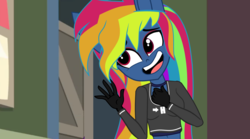 Size: 4321x2409 | Tagged: safe, artist:galacticflashd, derpibooru exclusive, screencap, rainbow dash, equestria girls, g4, secrets and pies, adorapiehater, breasts, busty rainbow dash, clothes, evening gloves, evil pie hater dash, female, gloves, long gloves, makeup, open mouth, shirt, short shirt, show accurate, solo, talking, waving