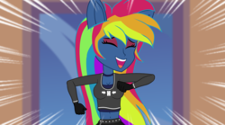 Size: 4321x2409 | Tagged: safe, artist:galacticflashd, screencap, rainbow dash, equestria girls, g4, my little pony equestria girls: better together, run to break free, secrets and pies, adorapiehater, breasts, busty rainbow dash, clothes, cute, evil pie hater dash, eyes closed, eyeshadow, female, gloves, long gloves, makeup, running, scene interpretation, short shirt, show accurate, singing, skirt, solo