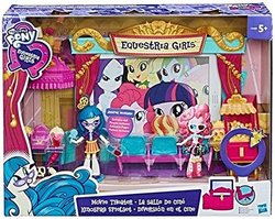 Size: 500x398 | Tagged: safe, applejack, fluttershy, juniper montage, pinkie pie, rainbow dash, rarity, twilight sparkle, pony, equestria girls, equestria girls specials, g4, my little pony equestria girls: movie magic, box, doll, equestria girls logo, equestria girls ponified, food, glasses, humane five, humane six, movie, my little pony logo, ponified, popcorn, theater, toy, twilight sparkle (alicorn)