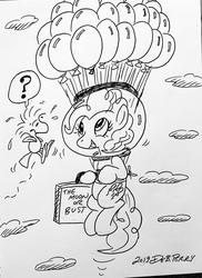 Size: 2717x3735 | Tagged: safe, artist:debmervin, pinkie pie, earth pony, pony, g4, balloon, crossover, female, floating, high res, monochrome, peanuts (comic), solo, suitcase, then watch her balloons lift her up to the sky, traditional art, woodstock (peanuts)