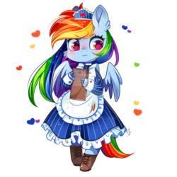 Size: 600x600 | Tagged: safe, artist:ipun, part of a set, rainbow dash, pegasus, pony, bipedal, blushing, cheek fluff, clothes, cloven hooves, colored hooves, cute, dashabetes, deviantart watermark, dress, ear fluff, female, heart, maid, mare, menu, obtrusive watermark, rainbow dash always dresses in style, rainbow maid, simple background, solo, tsunderainbow, tsundere, watermark