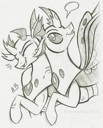 Size: 801x998 | Tagged: safe, artist:rossmaniteanzu, pharynx, thorax, changedling, changeling, g4, black and white, brothers, changedling brothers, duo, grayscale, king thorax, laughing, male, monochrome, pencil drawing, prince pharynx, siblings, sketch, traditional art