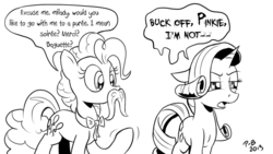 Size: 1200x675 | Tagged: safe, artist:pony-berserker, pinkie pie, rarity, earth pony, pony, unicorn, pony-berserker's twitter sketches, g4, angry, black and white, facial hair, fake moustache, female, gratuitous french, grayscale, i can't believe it's not idw, mare, monochrome, moustache, signature, simple background, sketch, speech bubble, white background