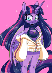 Size: 1800x2500 | Tagged: safe, artist:ask-colorsound, twilight sparkle, alicorn, anthro, g4, breasts, cleavage, clothes, female, hoodie, looking at you, mare, pink background, simple background, smiling, solo, sparkles, twilight sparkle (alicorn)