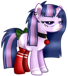 Size: 3673x4121 | Tagged: safe, artist:cindystarlight, oc, oc only, oc:purple sparkle, pony, bow, broken horn, clothes, female, horn, mare, simple background, socks, solo, tail bow, transparent background