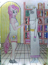 Size: 3040x4120 | Tagged: safe, artist:mildgyth, derpibooru exclusive, pinkie pie, anthro, plantigrade anthro, ziragshabdarverse, g4, book, bookshelf, box, breasts, clothes, curtains, female, leotard, magic wand, mannequin, shoes, socks, solo, stockings, thigh highs, traditional art, veil