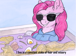 Size: 3352x2469 | Tagged: safe, artist:lightisanasshole, pinkie pie, earth pony, pony, g4, bath, clothes, depressed, egg, female, filthy frank, food, high res, meme, noodles, pink guy, ramen, reference, shirt, smiling, smirk, solo, sunglasses, text, toppings, wet mane