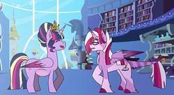 Size: 1024x563 | Tagged: safe, artist:qamrah, twilight sparkle, oc, oc:fizzy sparkle, alicorn, pony, g4, alternate hairstyle, blushing, bookshelf, canterlot, crown, female, glasses, jewelry, leonine tail, magical lesbian spawn, male, mare, offspring, parent:tempest shadow, parent:twilight sparkle, parents:tempestlight, preglight sparkle, pregnant, regalia, smiling, twilight sparkle (alicorn), twilight's canterlot home, unshorn fetlocks