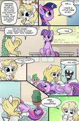 Size: 724x1103 | Tagged: safe, artist:candyclumsy, spike, twilight sparkle, oc, oc:everchanging, oc:fallenlight, alicorn, pony, comic:curse and madness, g4, comic, mlpcam, nurse, twilight sparkle (alicorn)