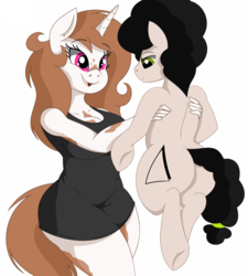 Size: 900x1000 | Tagged: safe, artist:phyll, oc, oc only, oc:pampa, oc:phyll, earth pony, unicorn, anthro, semi-anthro, anthro with ponies, arm hooves, clothes, dress, female, holding a pony, male, smiling, stallion