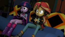 Size: 1192x670 | Tagged: safe, artist:fazbearsparkle, sunset shimmer, twilight sparkle, equestria girls, g4, game stream, my little pony equestria girls: better together, 3d, angry, boyshorts, clothes, controller, headphones, leg warmers, panties, purple underwear, rageset shimmer, shoes, skirt, skirt lift, source filmmaker, sunset shimmer frustrated at game, thighs, underwear, upskirt