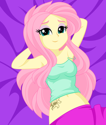 Size: 1084x1270 | Tagged: safe, artist:rosemile mulberry, fluttershy, equestria girls, g4, arm behind head, armpits, clothes, cutie mark tattoo, female, implied sunshyne, lidded eyes, looking at you, on back, smiling, solo, tattoo