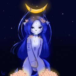Size: 3000x3000 | Tagged: safe, artist:rainy105, earth pony, pony, semi-anthro, arm hooves, female, high res, looking at you, mare, night, signature, smiling, solo, stars