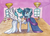 Size: 3316x2384 | Tagged: safe, artist:lightisanasshole, oc, oc:delly, oc:graceful motion, pegasus, pony, unicorn, blue coat, blue mane, blushing, blushing profusely, chandelier, chest fluff, clothes, dancing, dress, duo focus, female, floor, flower, fluffy, gala dress, high res, holding hands, hoof hold, horn, in love, looking at each other, oc x oc, pegasus oc, room, shipping, table, unicorn oc, walls, white coat, white dress, window, wooden floor