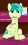 Size: 113x181 | Tagged: safe, edit, edited screencap, screencap, sandbar, earth pony, pony, g4, what lies beneath, asking, bored, caption, cropped, fourth wall, hoof hold, looking at you, male, notepad, pencil, pencil in mouth, picture for breezies, question, shrunken pupils, sitting, solo, staring at you, staring contest, tired
