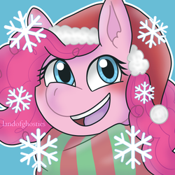 Size: 500x500 | Tagged: safe, artist:landofghosties, pinkie pie, pony, g4, blue background, bust, christmas, clothes, cute, diapinkes, ear fluff, female, hat, holiday, mare, open mouth, portrait, santa hat, scarf, simple background, snow, snowflake, solo