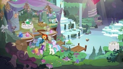 Size: 1920x1080 | Tagged: safe, screencap, maud pie, mudbriar, silverstream, starlight glimmer, sunburst, terramar, trixie, earth pony, hippogriff, pony, unicorn, g4, student counsel, balloon, brother and sister, female, flower, male, mare, maud's cave, mushroom, siblings, stallion, waterfall