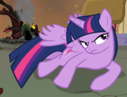 Size: 812x618 | Tagged: safe, screencap, twilight sparkle, alicorn, pony, g4, twilight's kingdom, angry, cropped, cutie mark, destruction, determined, female, fire, frown, furious, glare, golden oaks library, looking at someone, lying down, mare, narrowed eyes, ruins, seething, solo, spread wings, twilight sparkle (alicorn), twilight sparkle is not amused, unamused