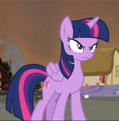Size: 925x941 | Tagged: safe, screencap, twilight sparkle, alicorn, pony, g4, twilight's kingdom, angry, cropped, determined, female, folded wings, frown, furious, glare, golden oaks library, looking at someone, mare, narrowed eyes, ruins, smoke, solo, twilight sparkle (alicorn), twilight sparkle is not amused, unamused