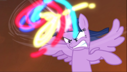 Size: 1667x939 | Tagged: safe, screencap, twilight sparkle, alicorn, pony, g4, twilight's kingdom, angry, cropped, determined, female, fight, flying, furious, glowing horn, gritted teeth, horn, looking at someone, looking down, magic, mare, powerful, solo, spread wings, twilight sparkle (alicorn), twilight sparkle is not amused, twilight vs tirek, unamused, windswept mane