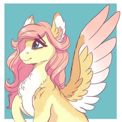 Size: 1200x1200 | Tagged: safe, artist:scarletskitty12, fluttershy, pegasus, pony, g4, bust, chest fluff, coat markings, cute, digital art, ear fluff, facial markings, female, looking away, mare, markings, pale belly, portrait, raised hoof, shoulder fluff, shyabetes, sitting, smiling, snip (coat marking), solo, spread wings, three quarter view, two toned wings, wings