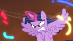 Size: 1666x939 | Tagged: safe, screencap, twilight sparkle, alicorn, pony, g4, twilight's kingdom, angry, cropped, determined, female, fight, flying, furious, glare, glowing horn, gritted teeth, horn, looking at someone, looking down, magic, mare, solo, spread wings, twilight sparkle (alicorn), twilight sparkle is not amused, twilight vs tirek, unamused, windswept mane