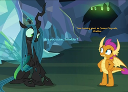 Size: 620x446 | Tagged: safe, edit, edited screencap, screencap, ocellus, queen chrysalis, smolder, changeling, changeling queen, dragon, g4, what lies beneath, asking, caption, chatting, compliment, cropped, disguise, disguised changeling, duo, female, grammar error, queen chrysellus
